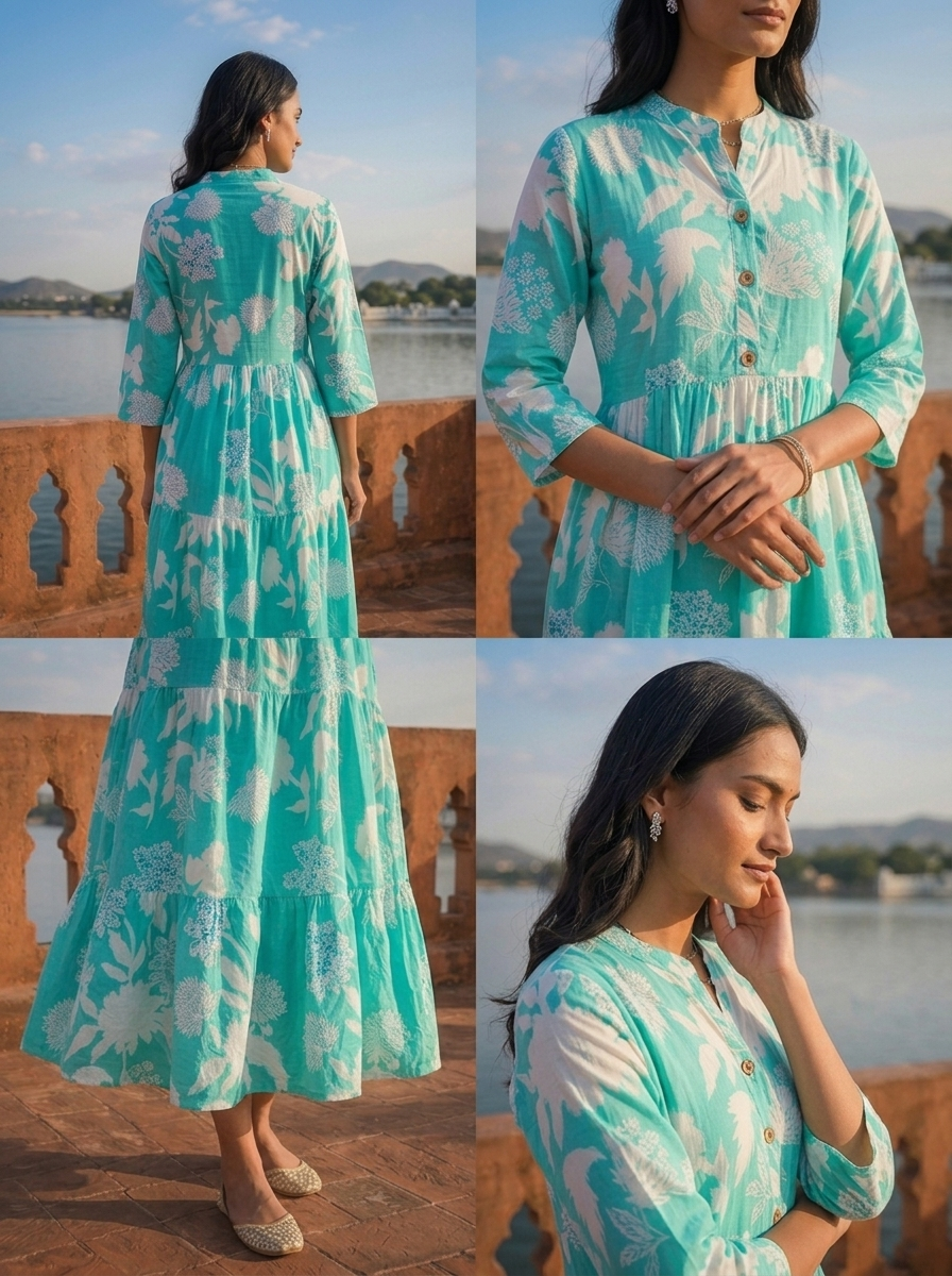 Sea Green Cotton Botanical Printed Flared Dress
