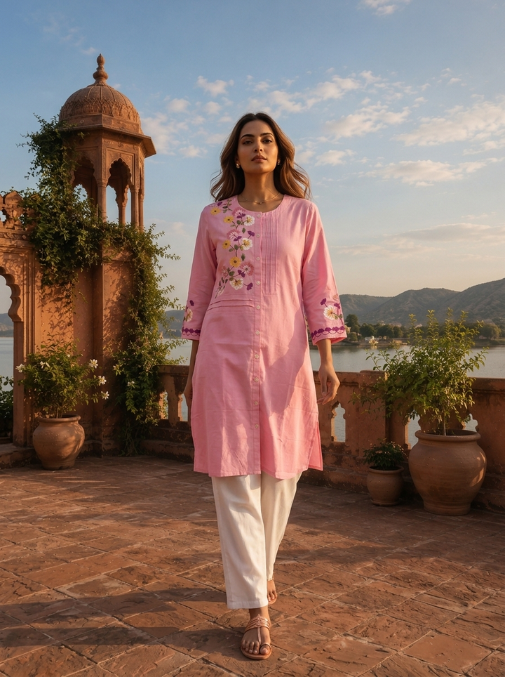 Baby Pink Cotton Multicolor Floral Hand Embroidered Kurta