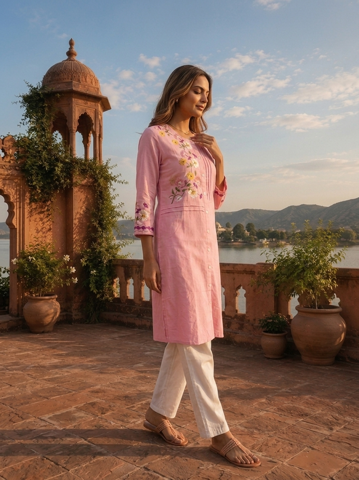 Baby Pink Cotton Multicolor Floral Hand Embroidered Kurta