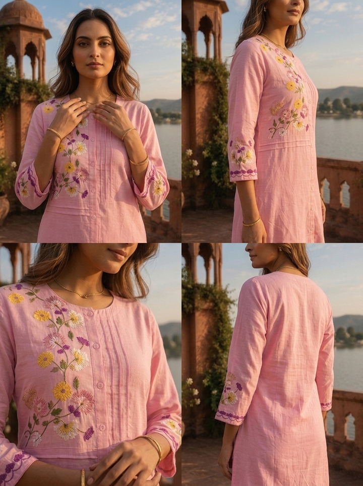 Baby Pink Cotton Multicolor Floral Hand Embroidered Kurta