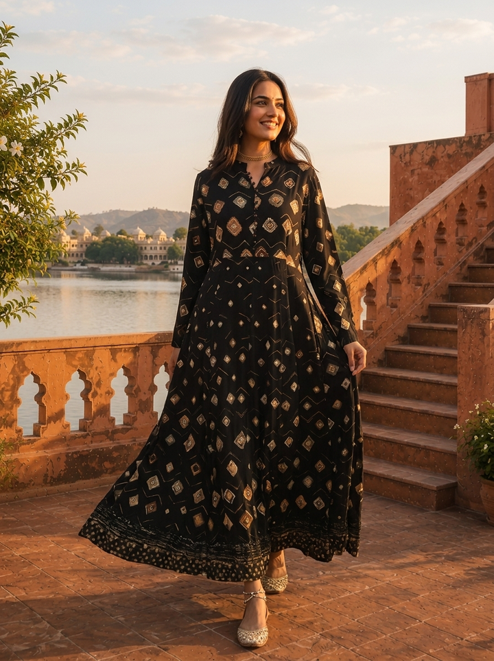 Black Rayon Earthy Diamond Butas Printed Dress