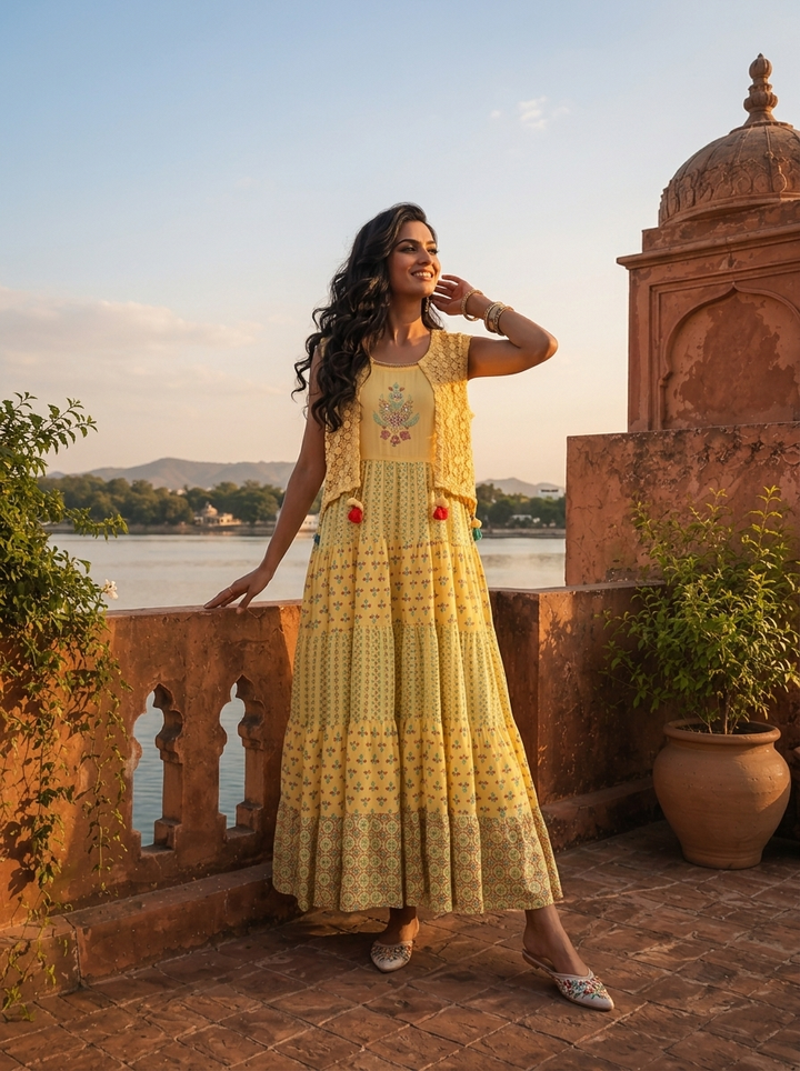 Yellow Rayon Multicolor Ethnic Printed Dress