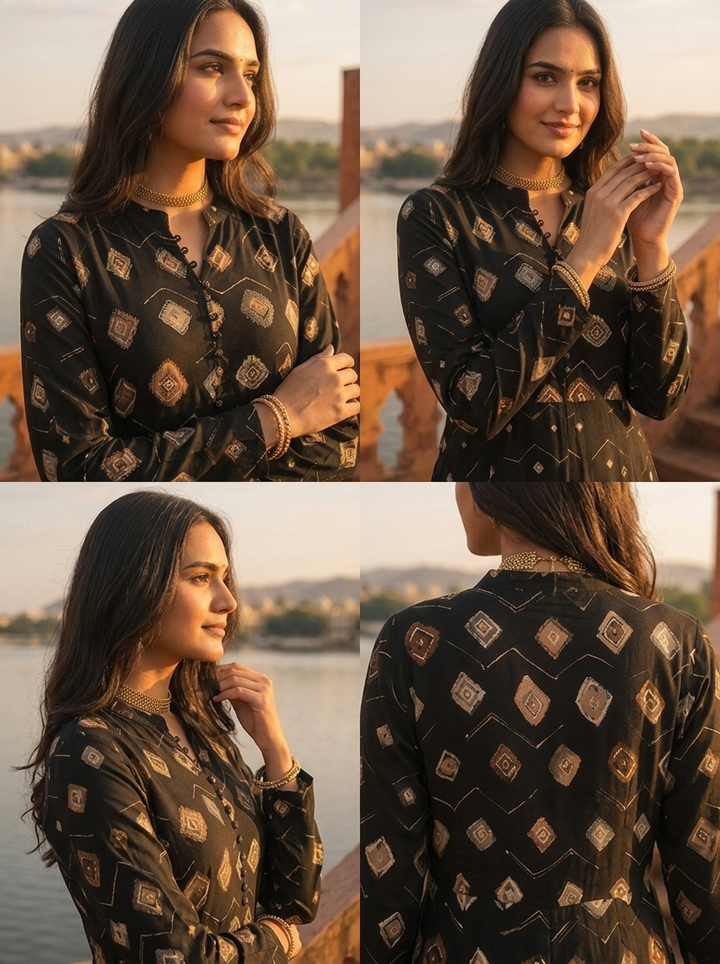 Black Rayon Earthy Diamond Butas Printed Dress