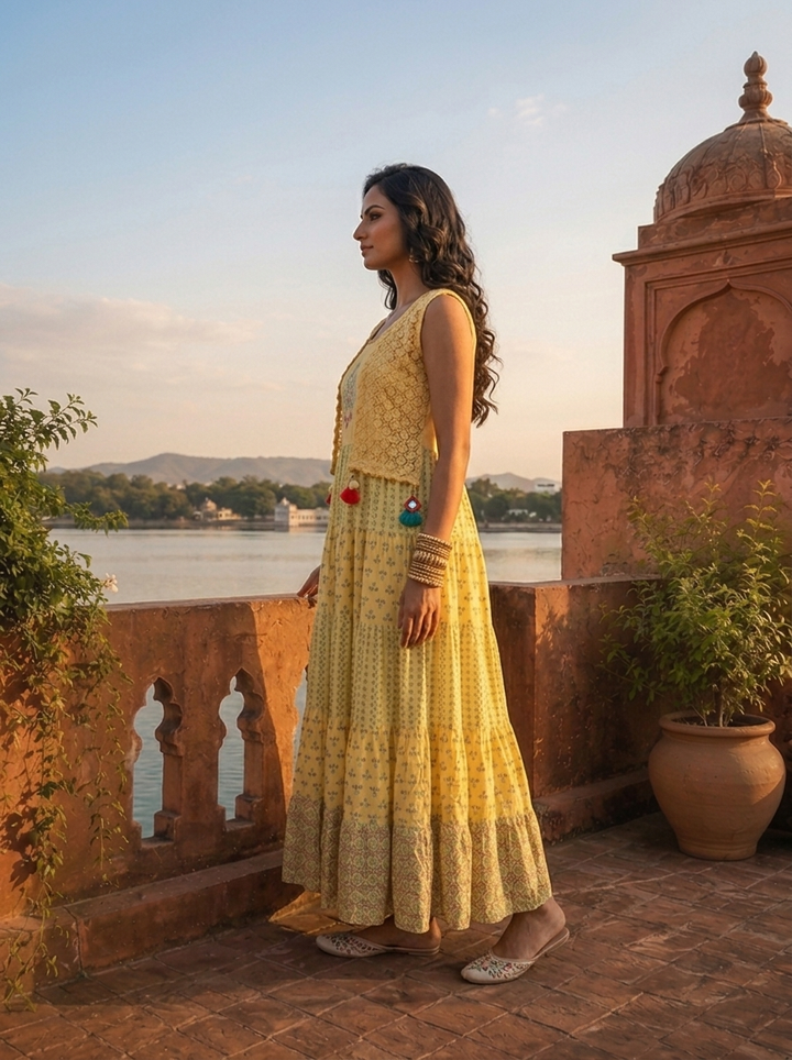 Yellow Rayon Multicolor Ethnic Printed Dress