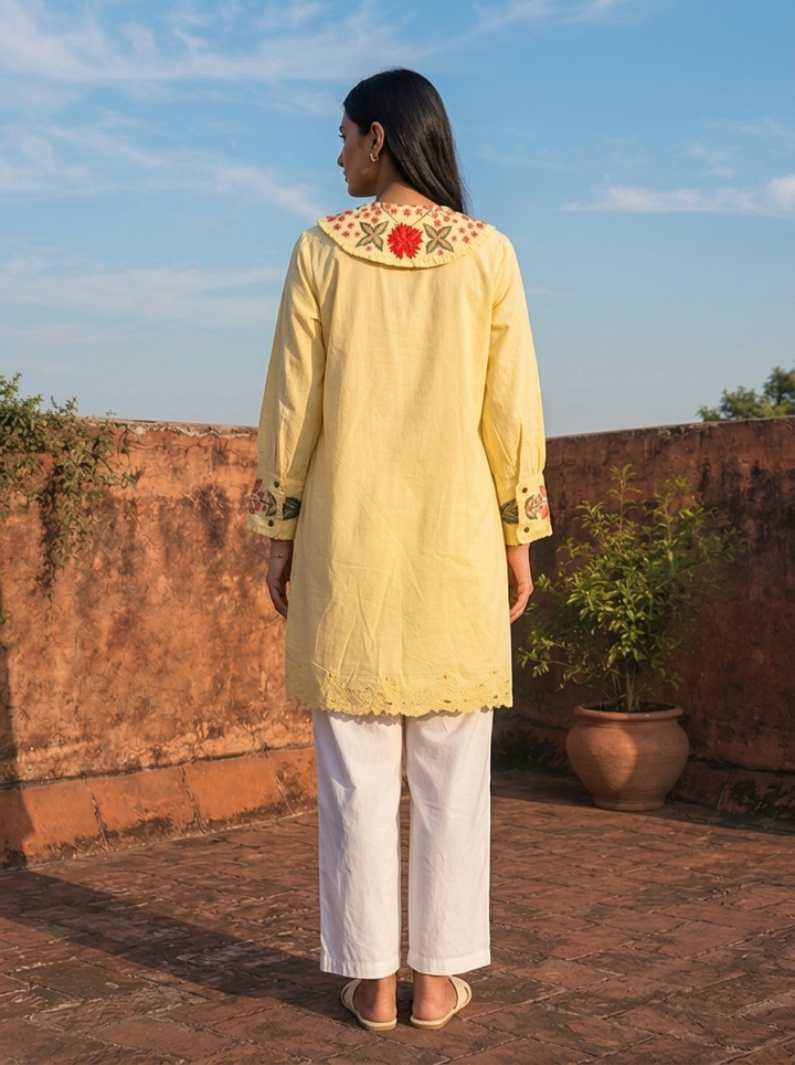 Yellow Cotton Placement Embroidered Kurta