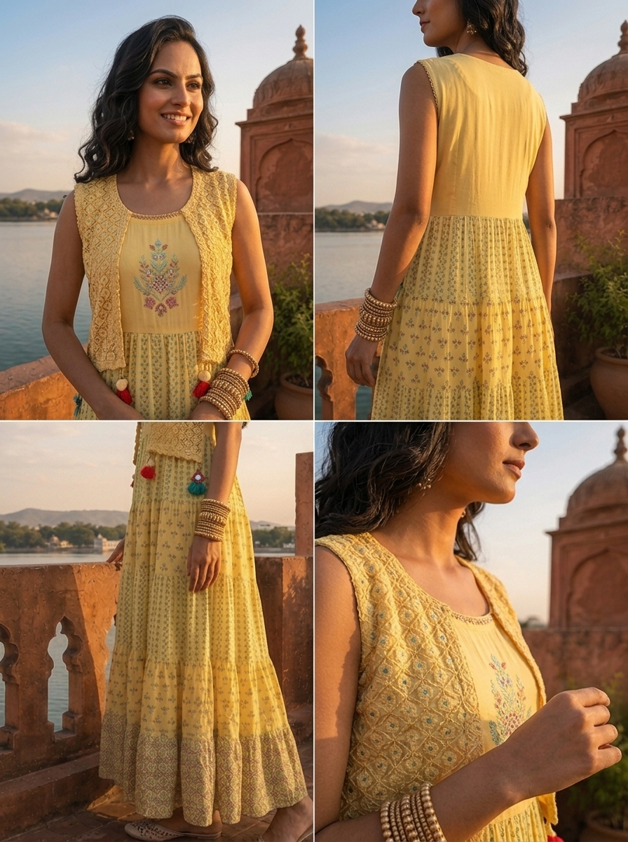 Yellow Rayon Multicolor Ethnic Printed Dress