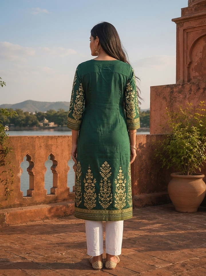 Green Rayon Floral Motifs Printed Kurta