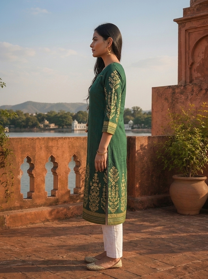 Green Rayon Floral Motifs Printed Kurta