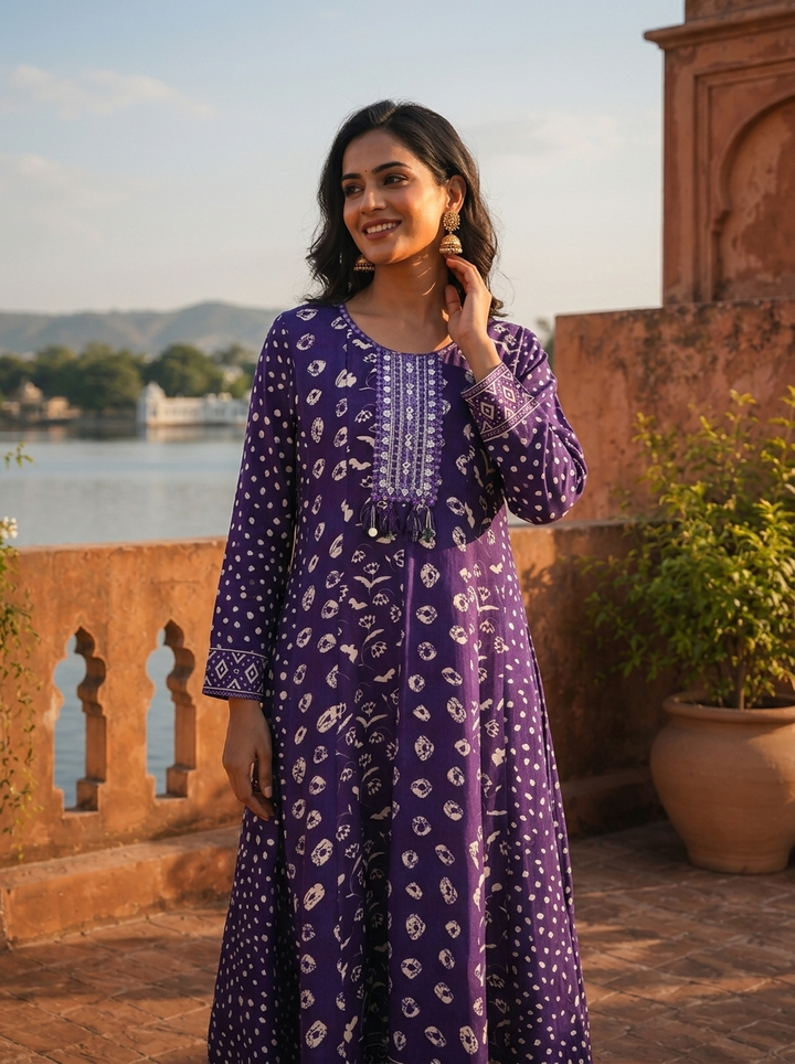Purple Silk Multi-Pattern Block Printed Dress