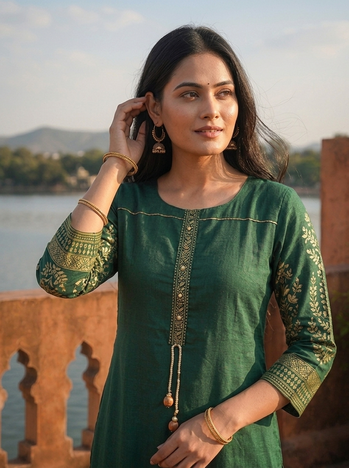 Green Rayon Floral Motifs Printed Kurta