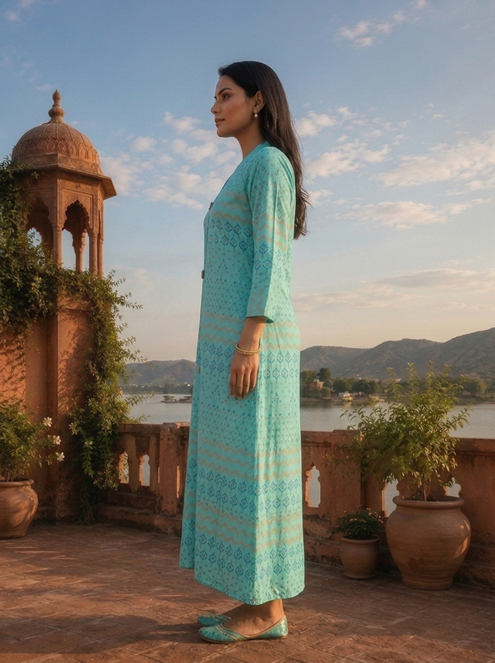 Sky Blue Rayon Geometric Buti Printed Kurta