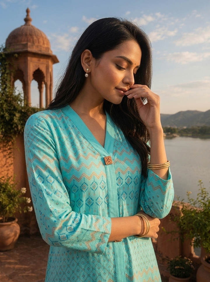 Sky Blue Rayon Geometric Buti Printed Kurta