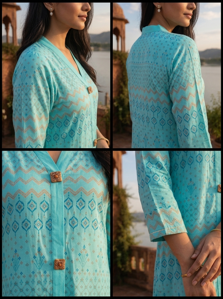 Sky Blue Rayon Geometric Buti Printed Kurta