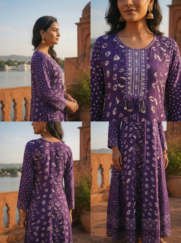 Purple Silk Multi-Pattern Block Printed Dress