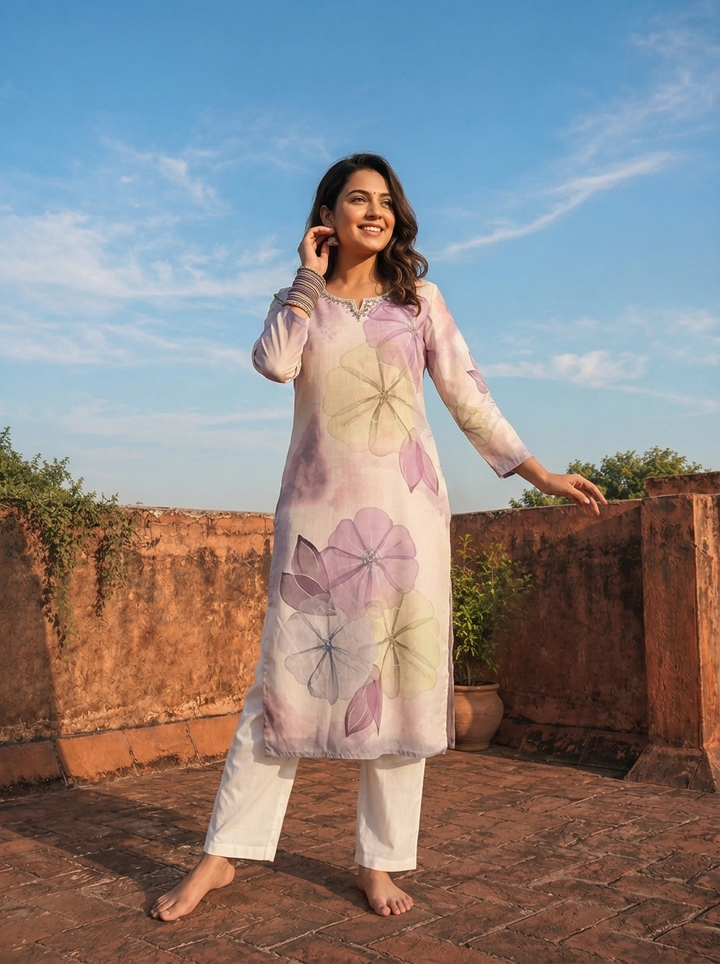 Lilac Rayon Watercolor Floral Placement Printed Kurta