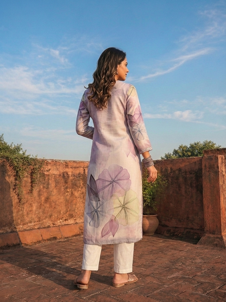 Lilac Rayon Watercolor Floral Placement Printed Kurta