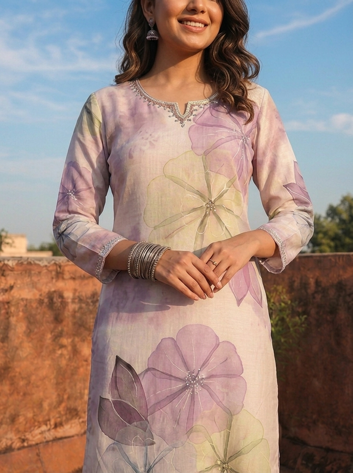 Lilac Rayon Watercolor Floral Placement Printed Kurta