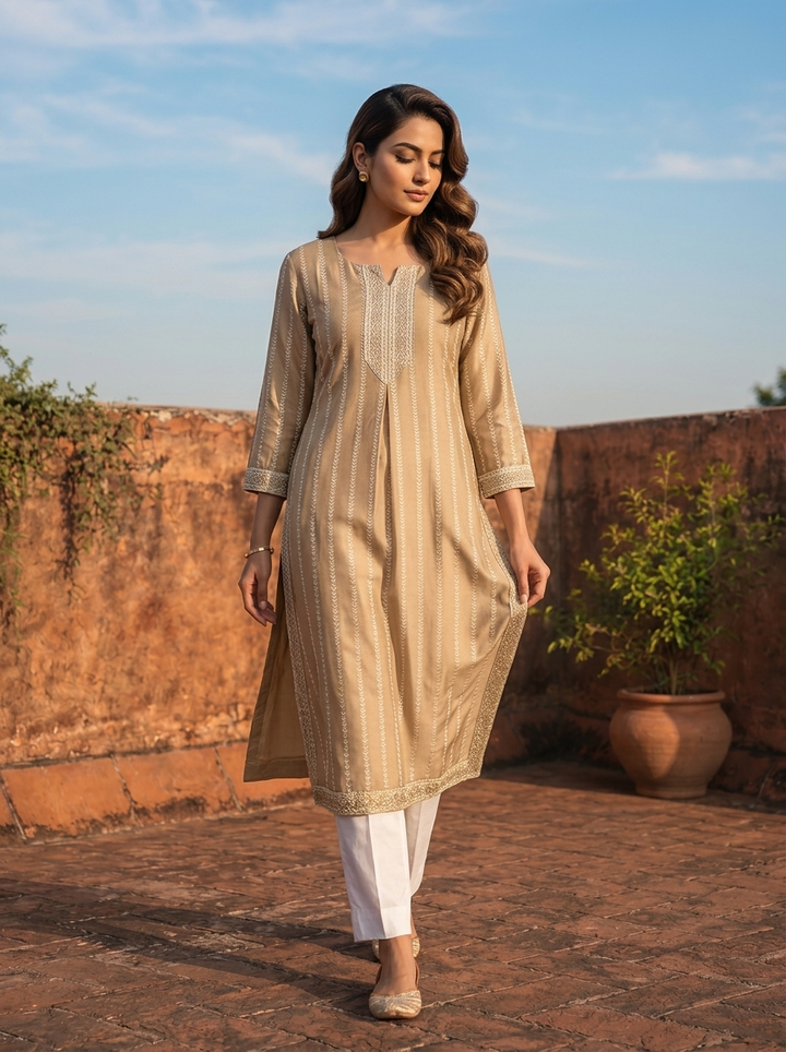 Beige Silk Vertical Stripes Printed Kurta