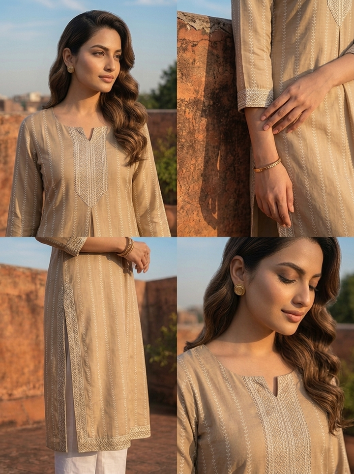 Beige Silk Vertical Stripes Printed Kurta