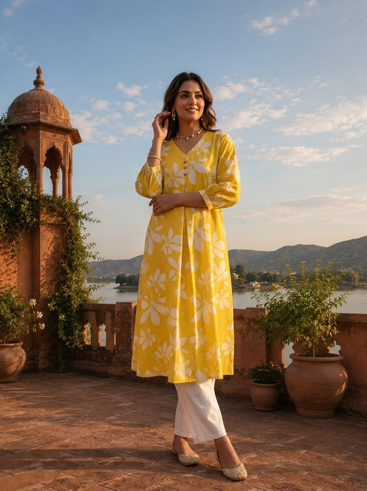 Yellow Cotton Bold Leaf Printed Kurta