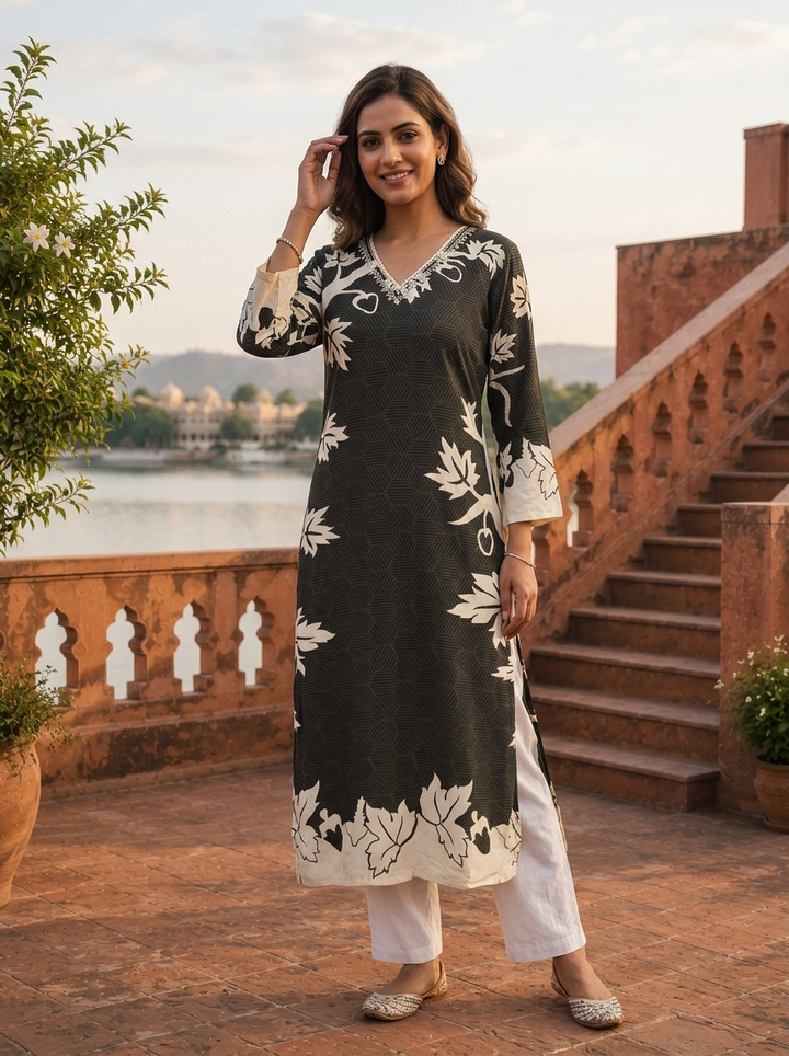 Black Rayon Geometric Botanical Printed Kurta