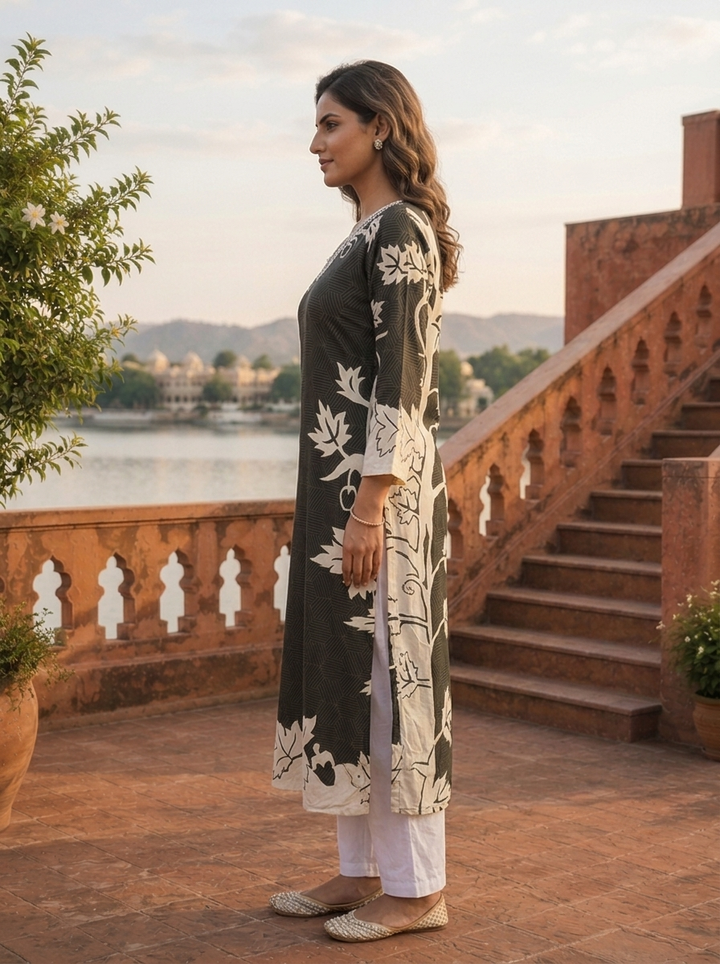 Black Rayon Geometric Botanical Printed Kurta