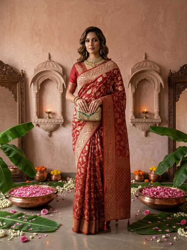 Maroon Banaras Weaved Floral Design Saree