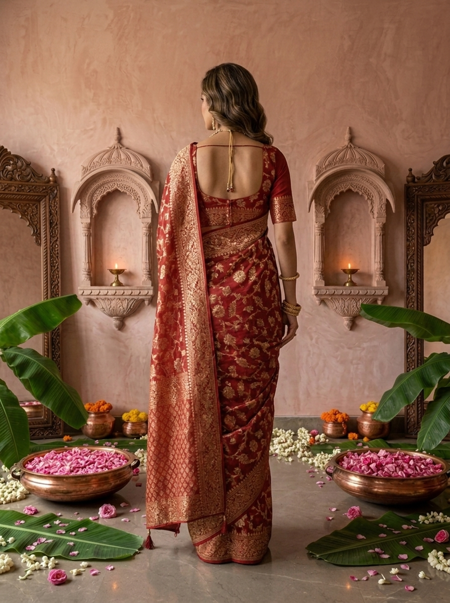 Maroon Banaras Weaved Floral Design Saree