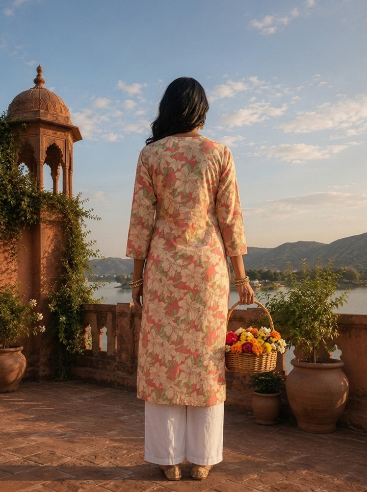 Rose Pink Cotton Lily Printed Kurta