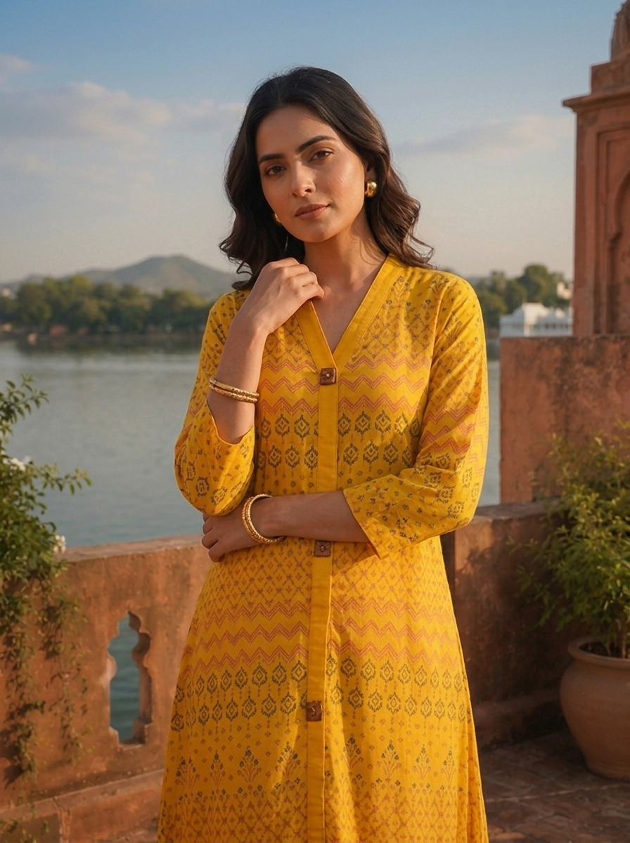 Mustard Rayon Geometric Buti Printed Kurta