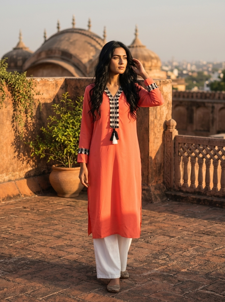 Orange Rayon Solid With Checkered Placket Kurta