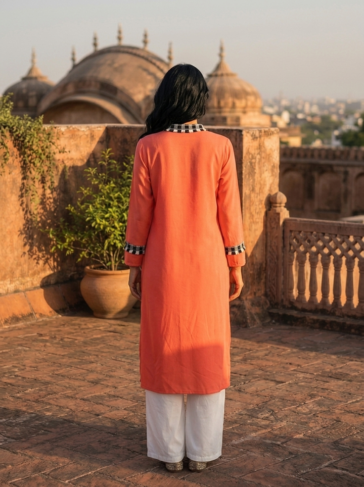Orange Rayon Solid With Checkered Placket Kurta
