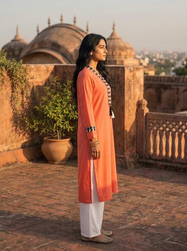 Orange Rayon Solid With Checkered Placket Kurta