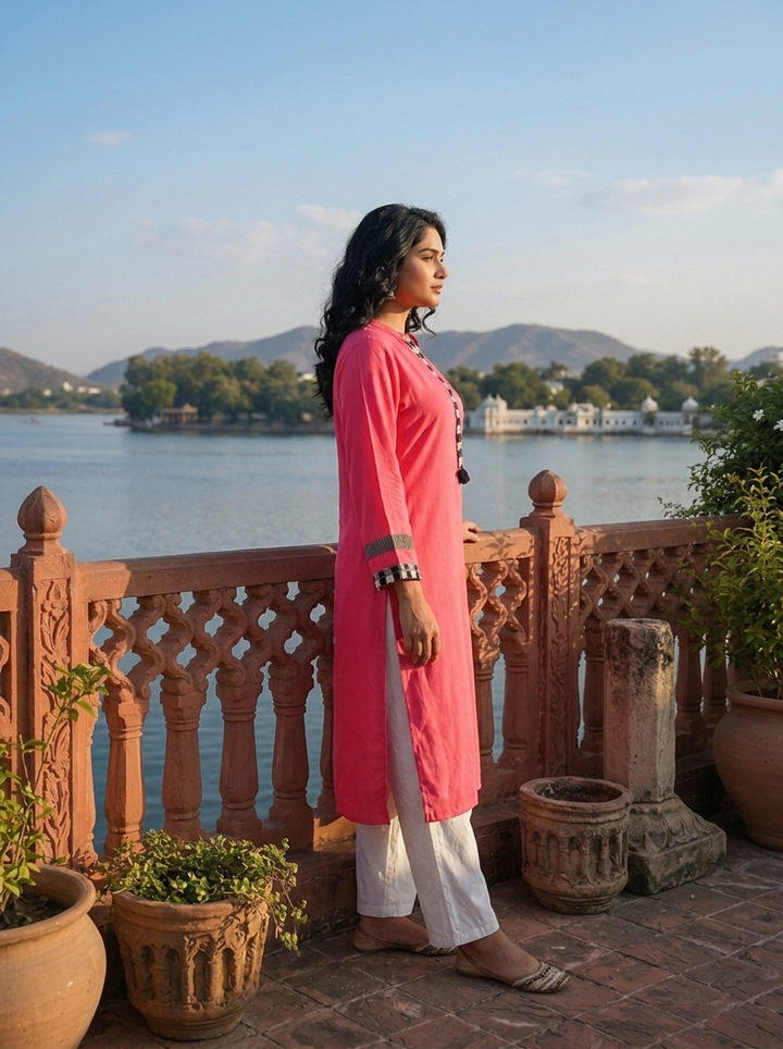 Pink Rayon Solid With Checkered Placket Kurta