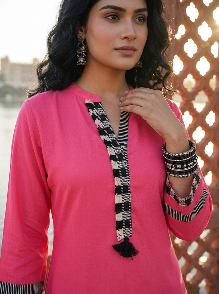 Pink Rayon Solid With Checkered Placket Kurta
