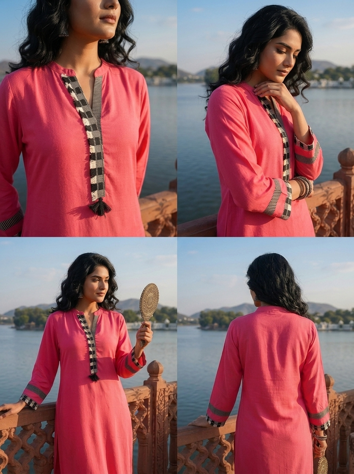 Pink Rayon Solid With Checkered Placket Kurta