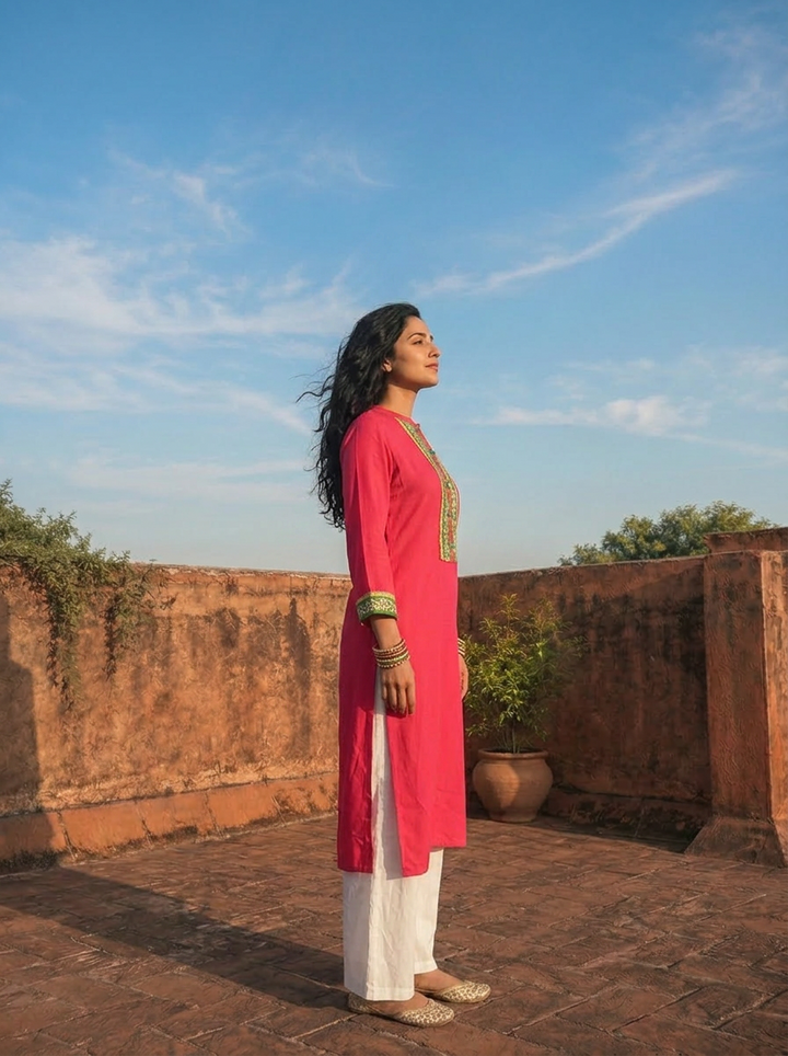 Rani Pink Rayon Gold Placket Embroidered Kurta