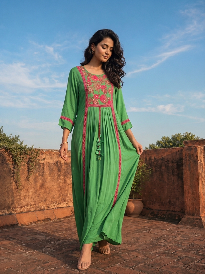 Green Crepe Contrast Floral Thread Embroidered Dress