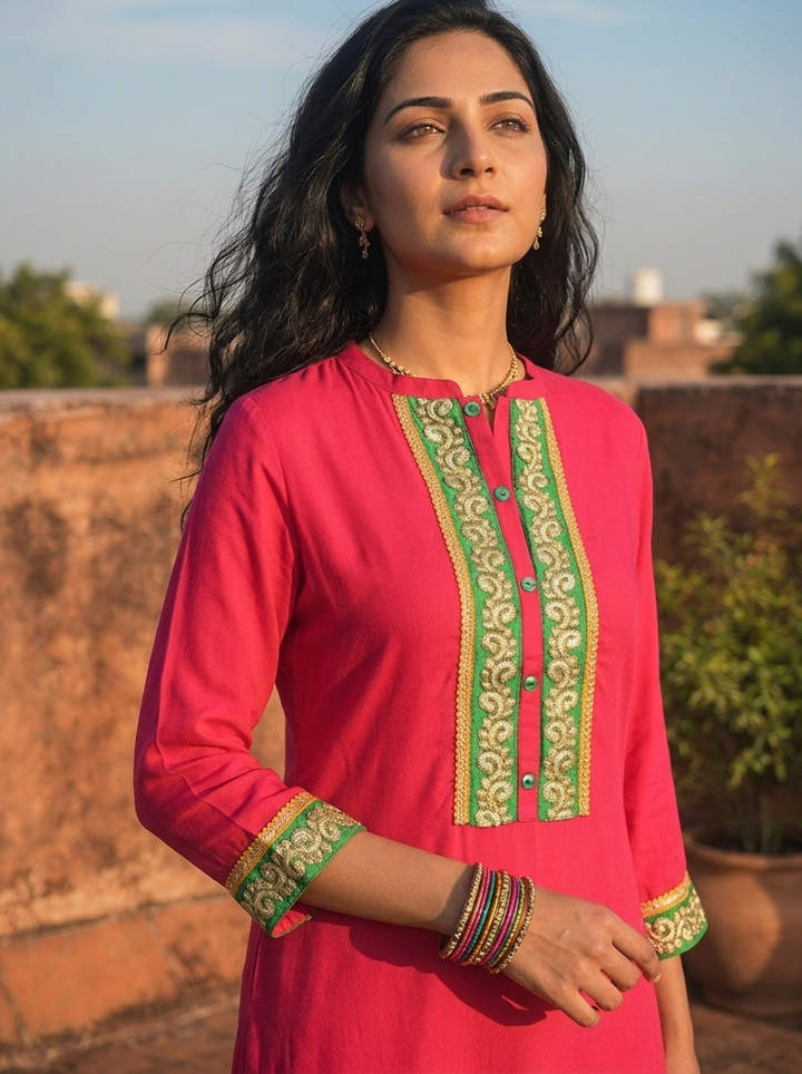 Rani Pink Rayon Gold Placket Embroidered Kurta