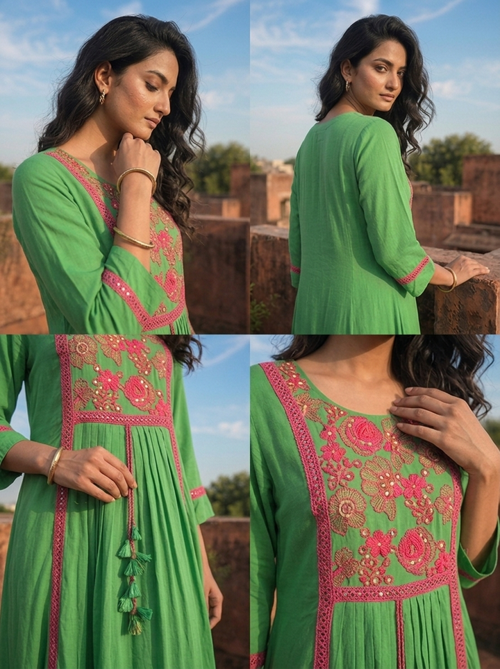 Green Crepe Contrast Floral Thread Embroidered Dress