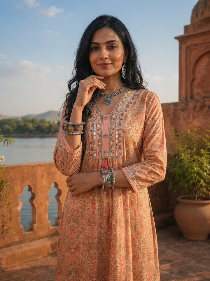 Peach Rayon Boho Ethnic Printed Dress