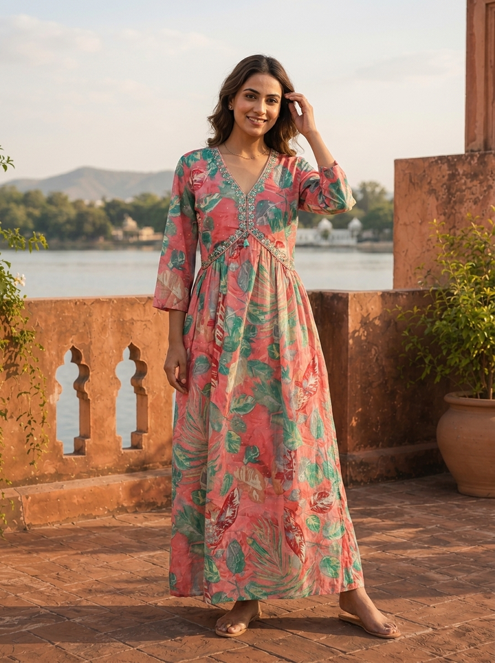 Rose Pink Cotton Monstera And Tropical Leaves Dress