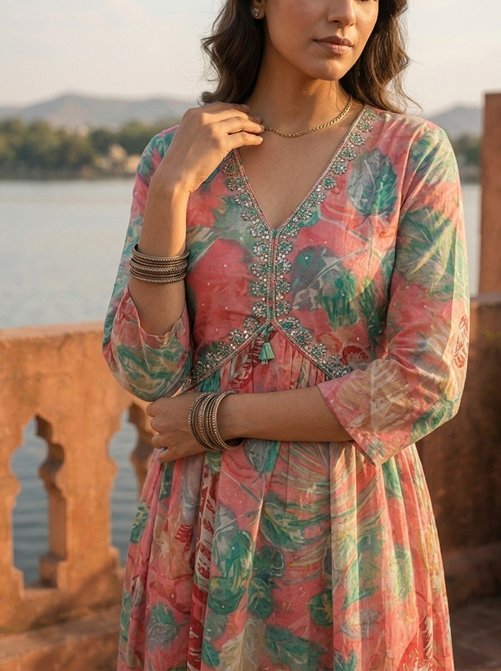 Rose Pink Cotton Monstera And Tropical Leaves Dress