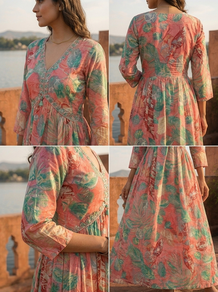Rose Pink Cotton Monstera And Tropical Leaves Dress