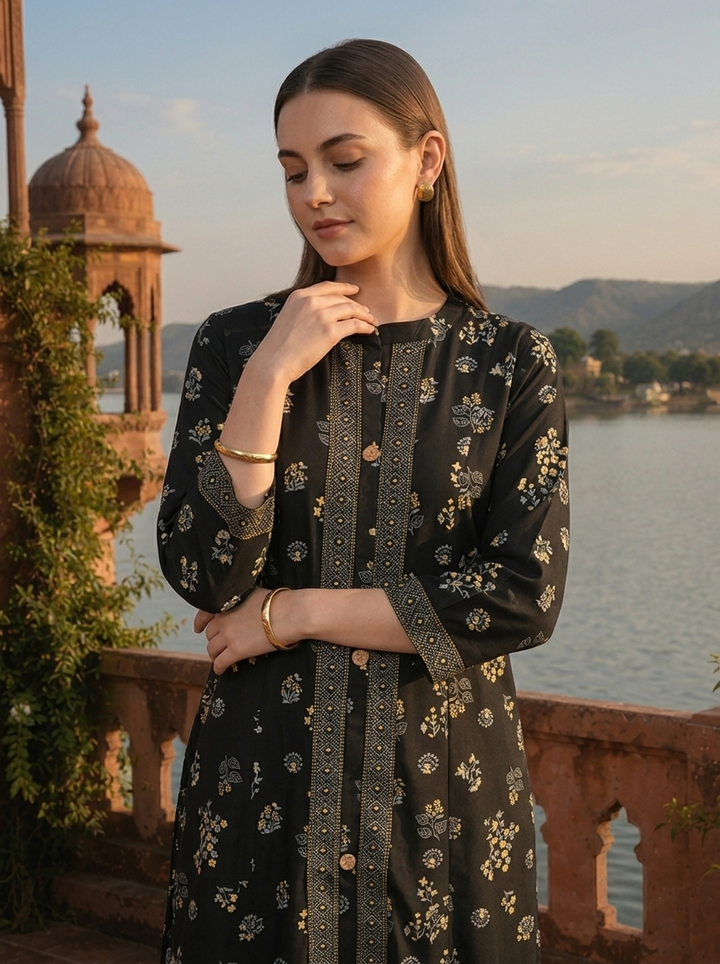 Black Rayon Delicate Scattered Motifs Printed Kurta