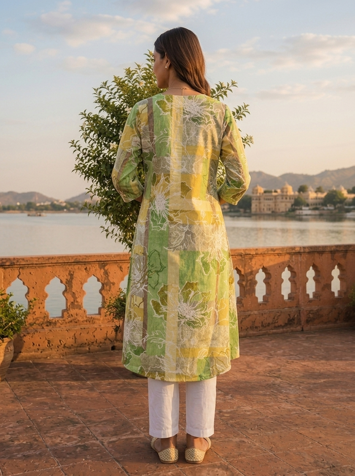 Green Cotton Color Block Printed Kurta