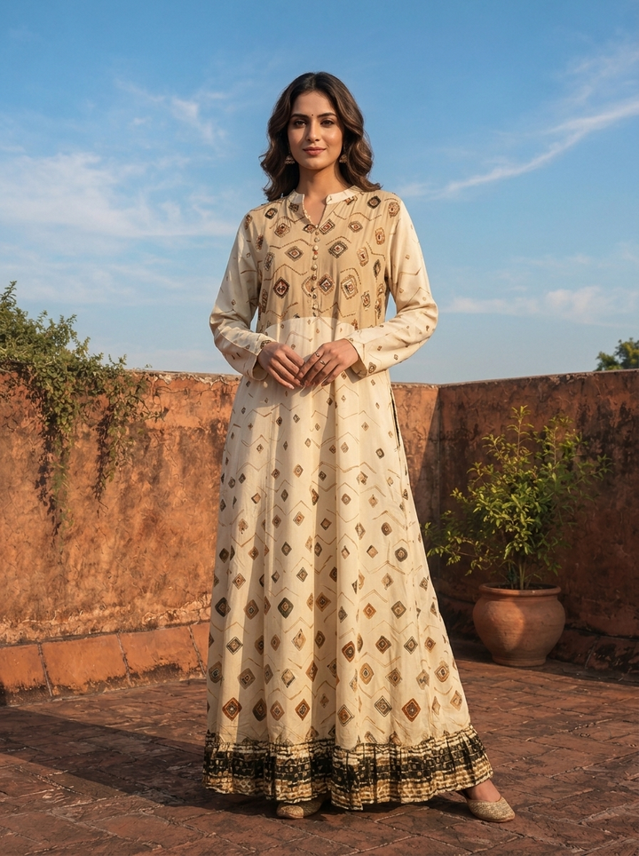 Beige Rayon Earthy Diamond Design Printed Dress