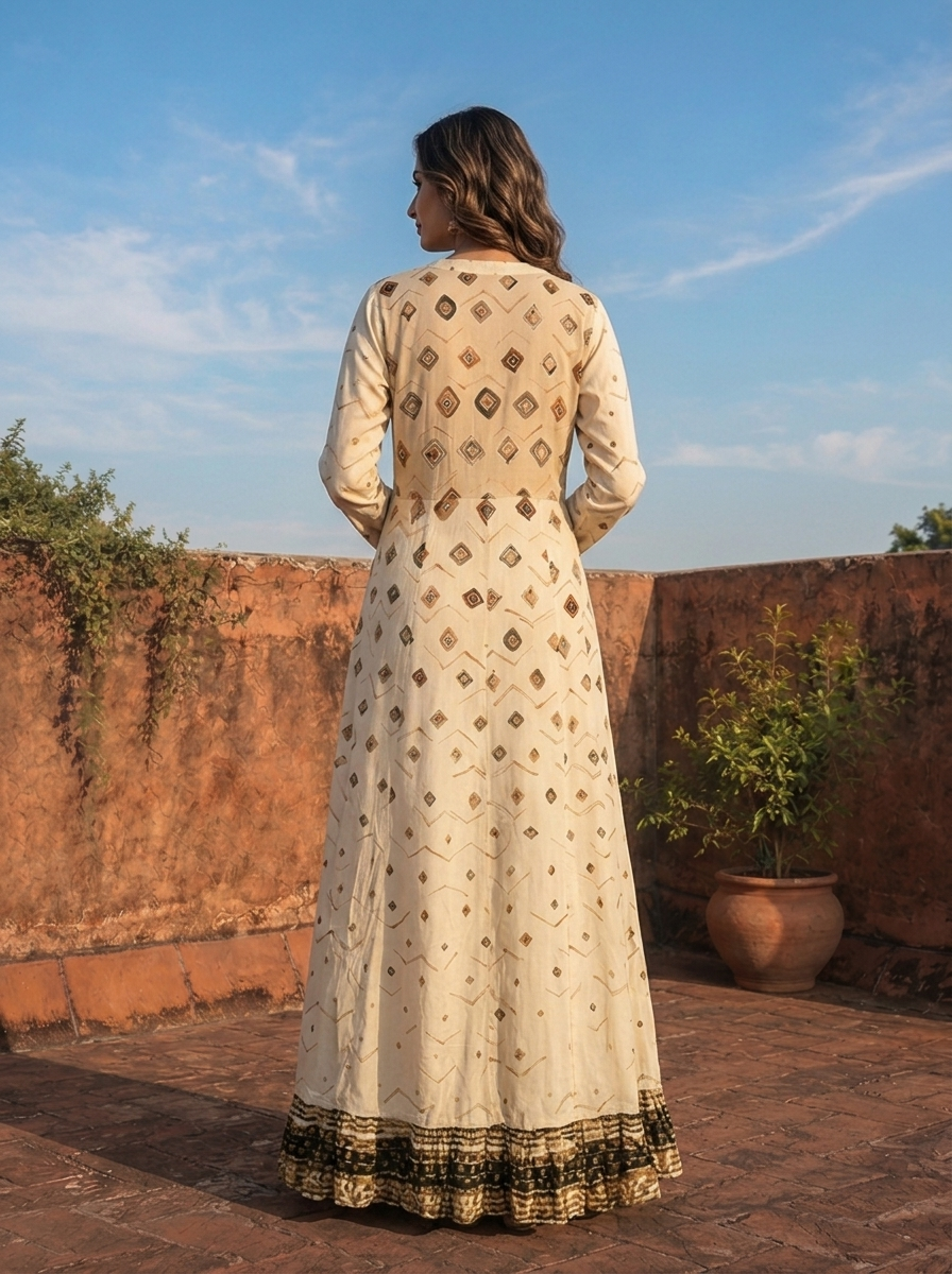 Beige Rayon Earthy Diamond Design Printed Dress