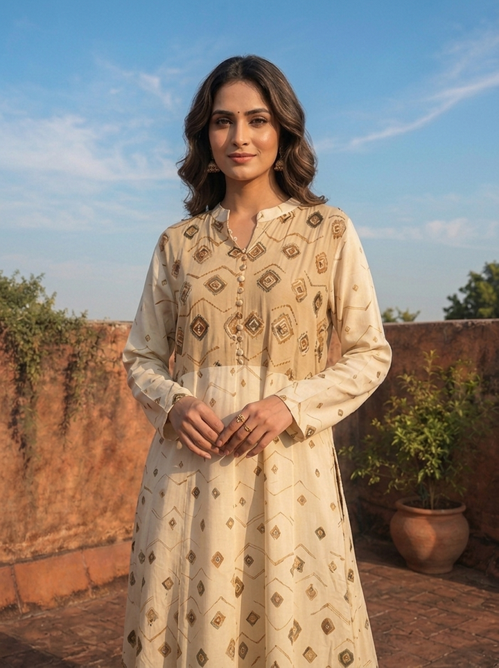 Beige Rayon Earthy Diamond Design Printed Dress