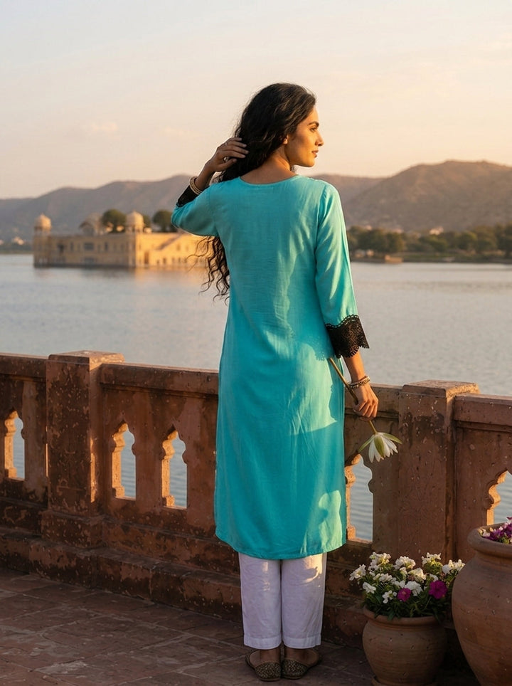 Ferozi Rayon Solid With Crochet Cutwork Lace Kurta